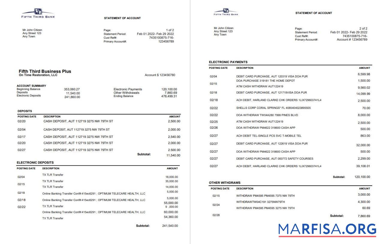 Realistic USA Fifth Third bank statement word 2 pages template